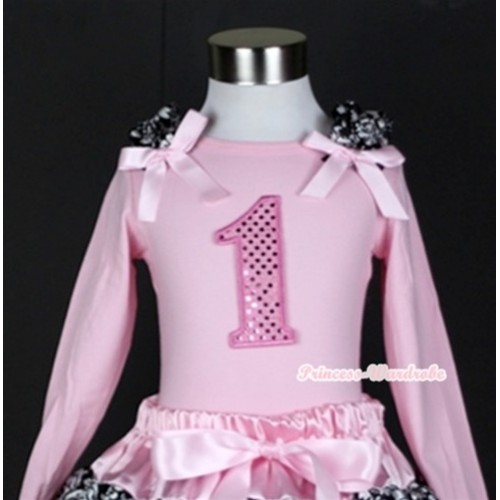 Light Pink Long Sleeves Top with 1st Sparkle Light Pink Birthday Number Print With Damask Ruffles & Light Pink Bow TW321 